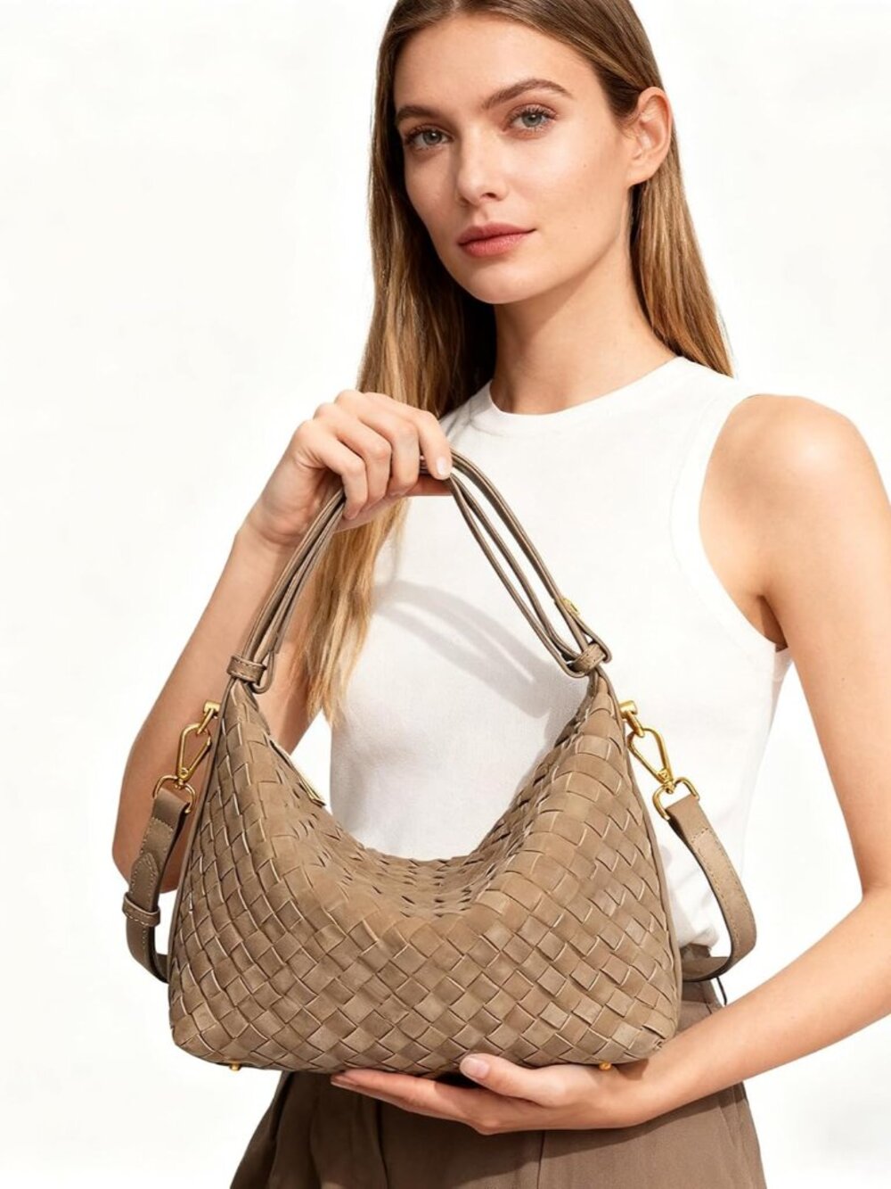 Woven Suede Hobo Purse for Women,Faux Suede Shoulder Bag,Woven Crossbody Bag,Han - Picture 2 of 6